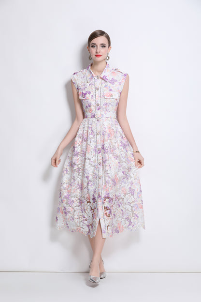 Stylish Lace Floral Print Shirt Dress with Belt - Perfect for Spring & Summer - LAI MENG FIVE CATS