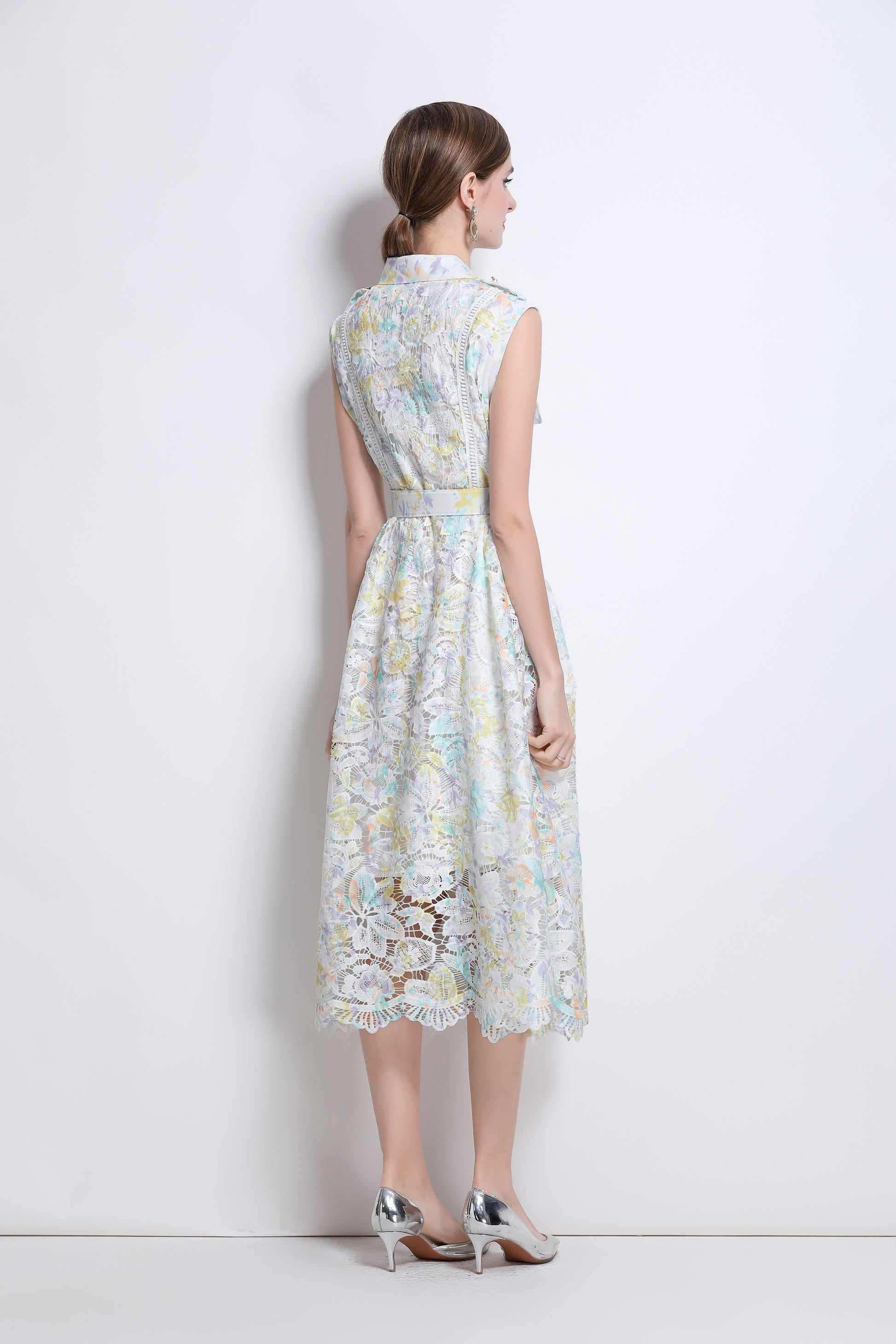 Stylish Lace Floral Print Shirt Dress with Belt - Perfect for Spring & Summer - LAI MENG FIVE CATS