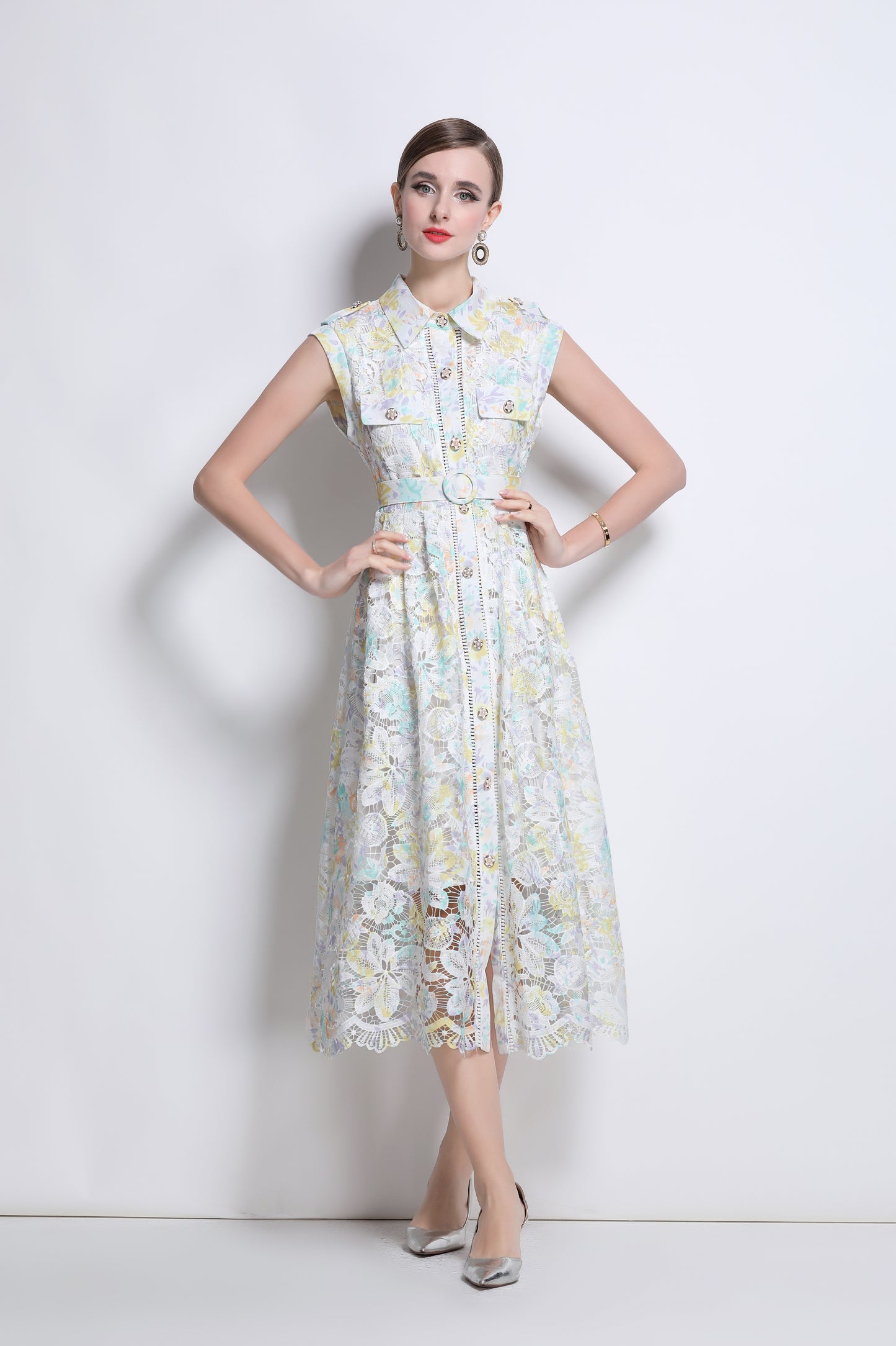 Stylish Lace Floral Print Shirt Dress with Belt - Perfect for Spring & Summer - LAI MENG FIVE CATS