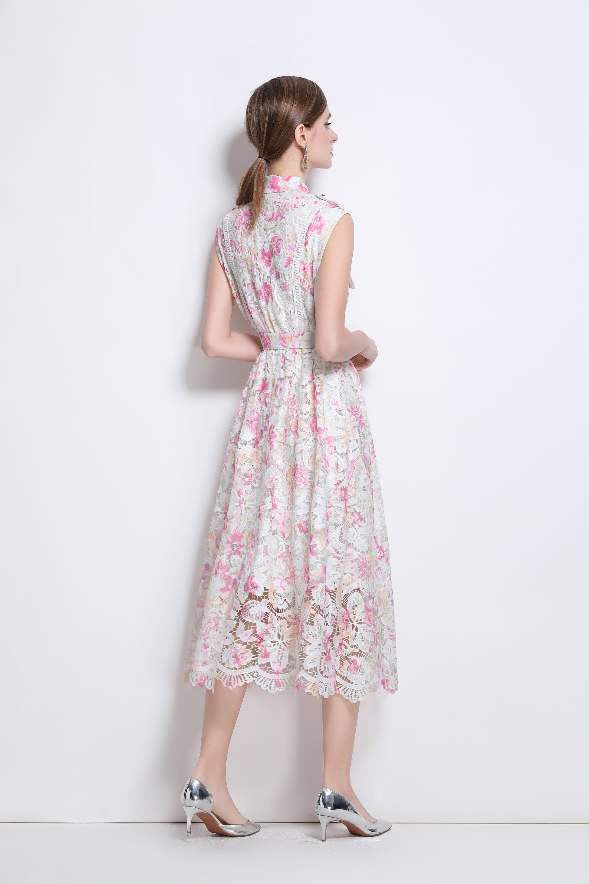 Stylish Lace Floral Print Shirt Dress with Belt - Perfect for Spring & Summer - LAI MENG FIVE CATS