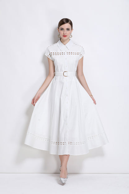 Women's Collar Hollow Cap Sleeve Midi Dress