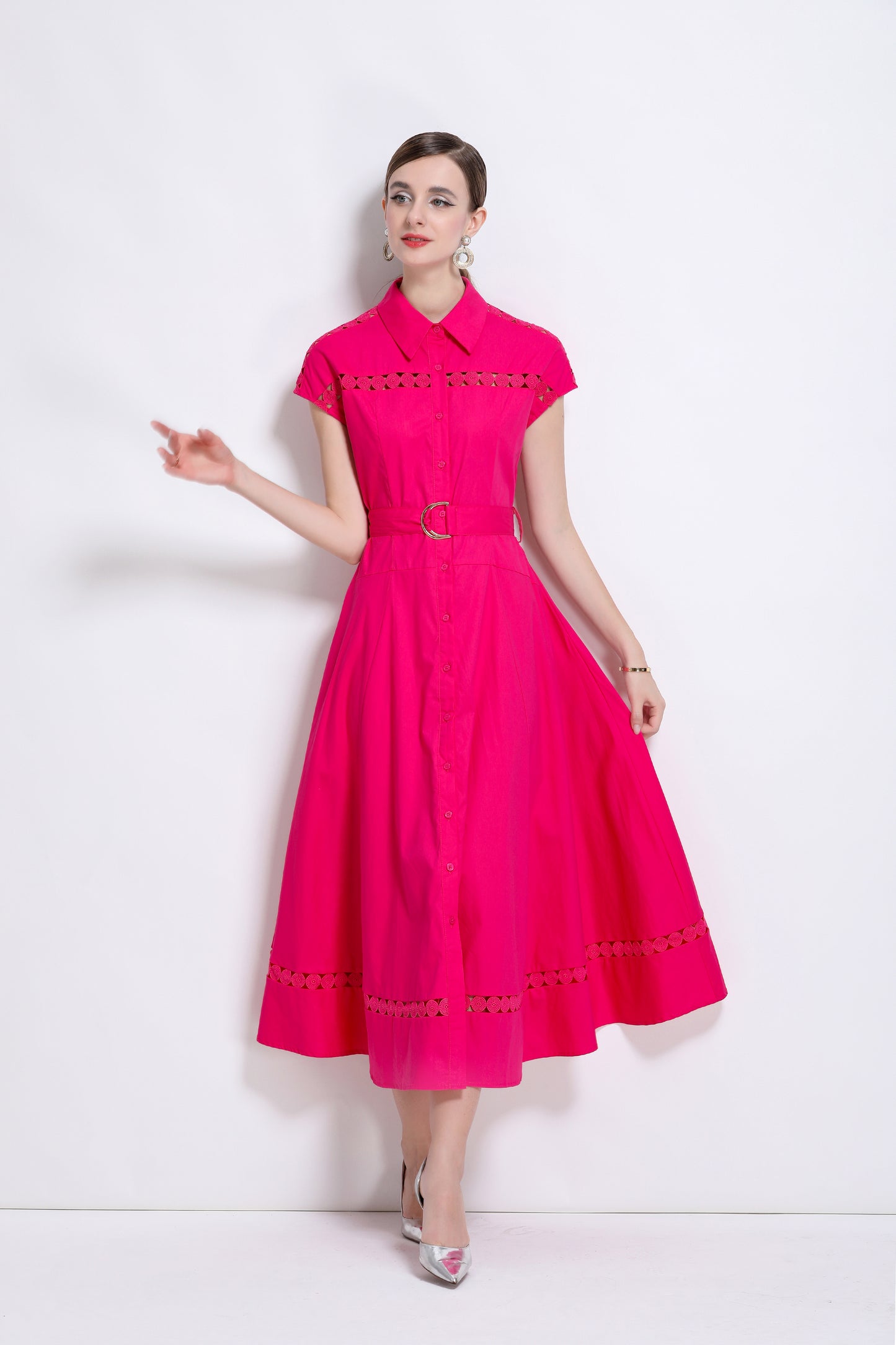 Women's Collar Hollow Cap Sleeve Midi Dress