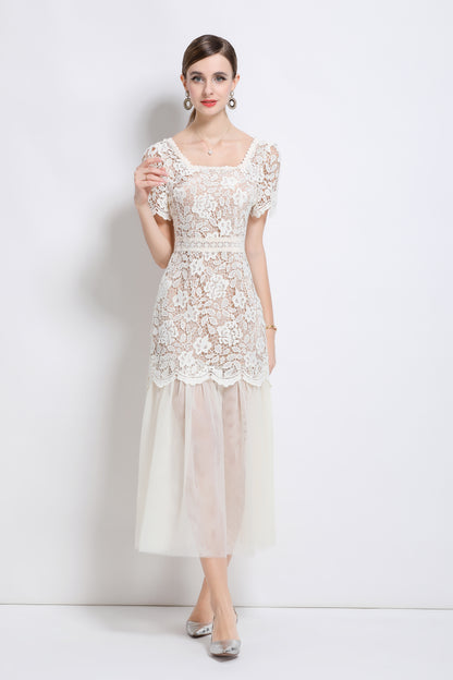 Elegant Feminine White Square Collar Lace&Mesh Midi Dress