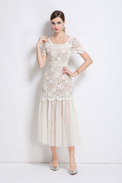 Elegant Feminine White Square Collar Lace&Mesh Midi Dress