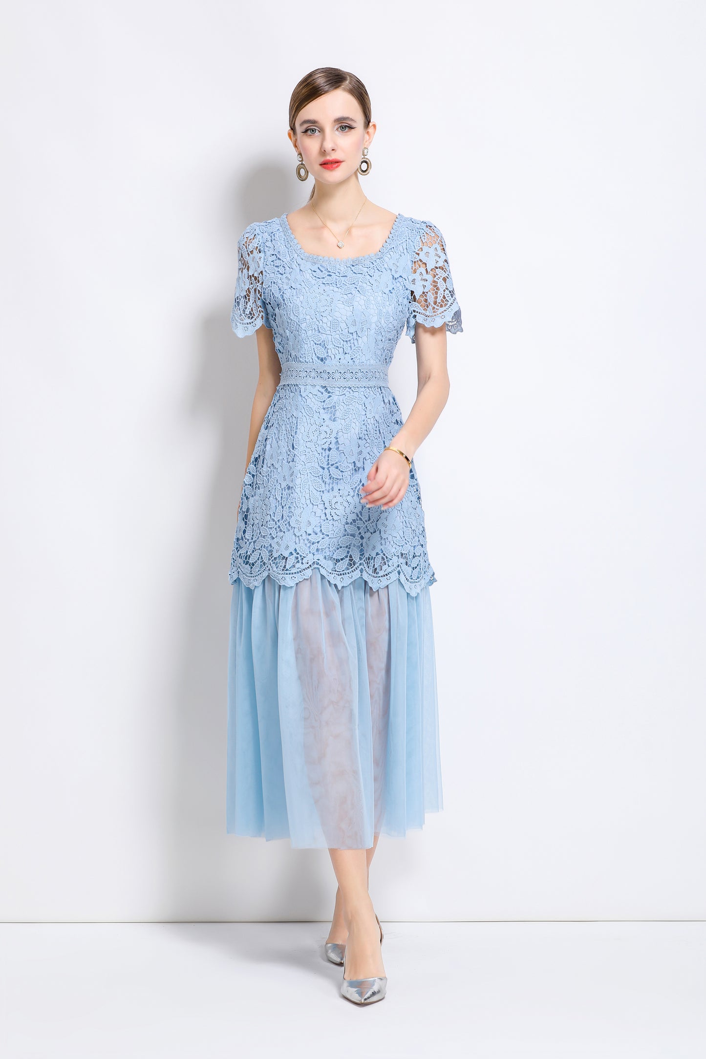 Elegant Feminine Blue Square Collar Lace&Mesh Midi Dress