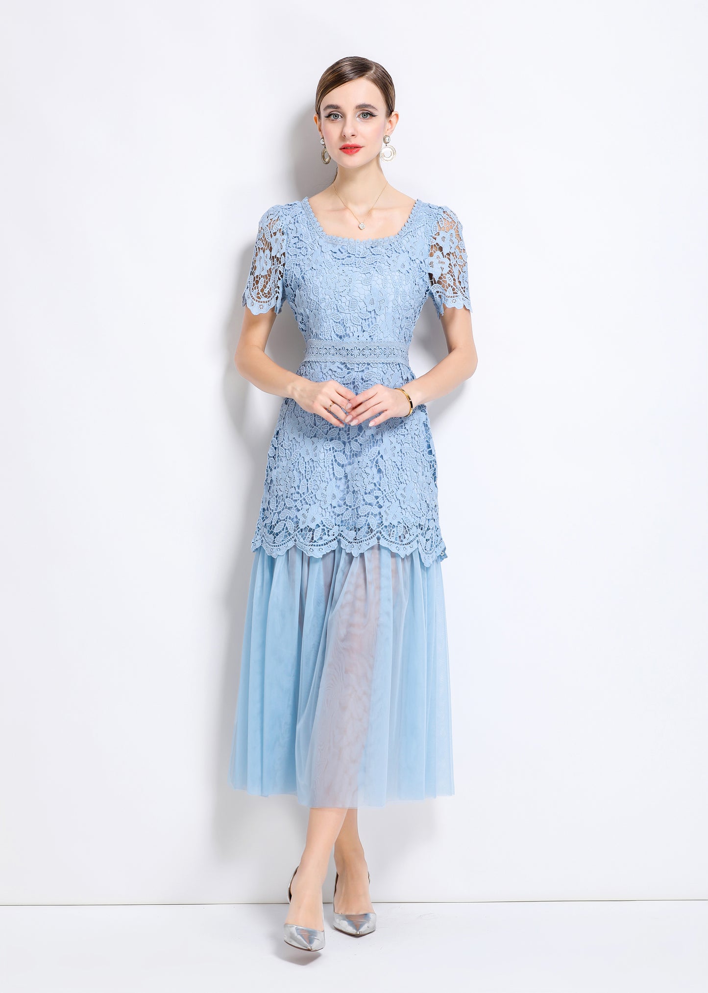 Elegant Feminine Blue Square Collar Lace&Mesh Midi Dress