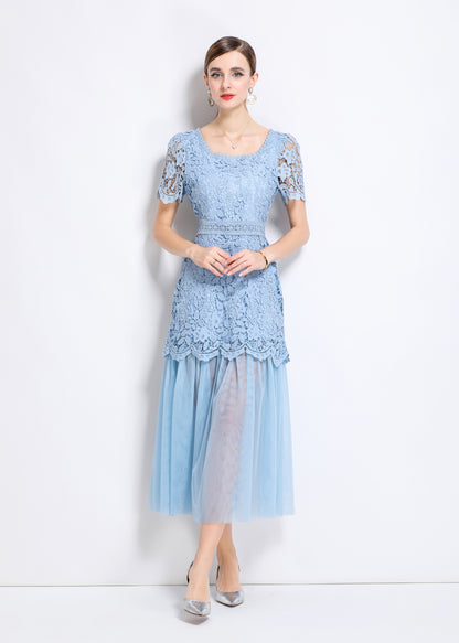 Elegant Feminine Blue Square Collar Lace&Mesh Midi Dress
