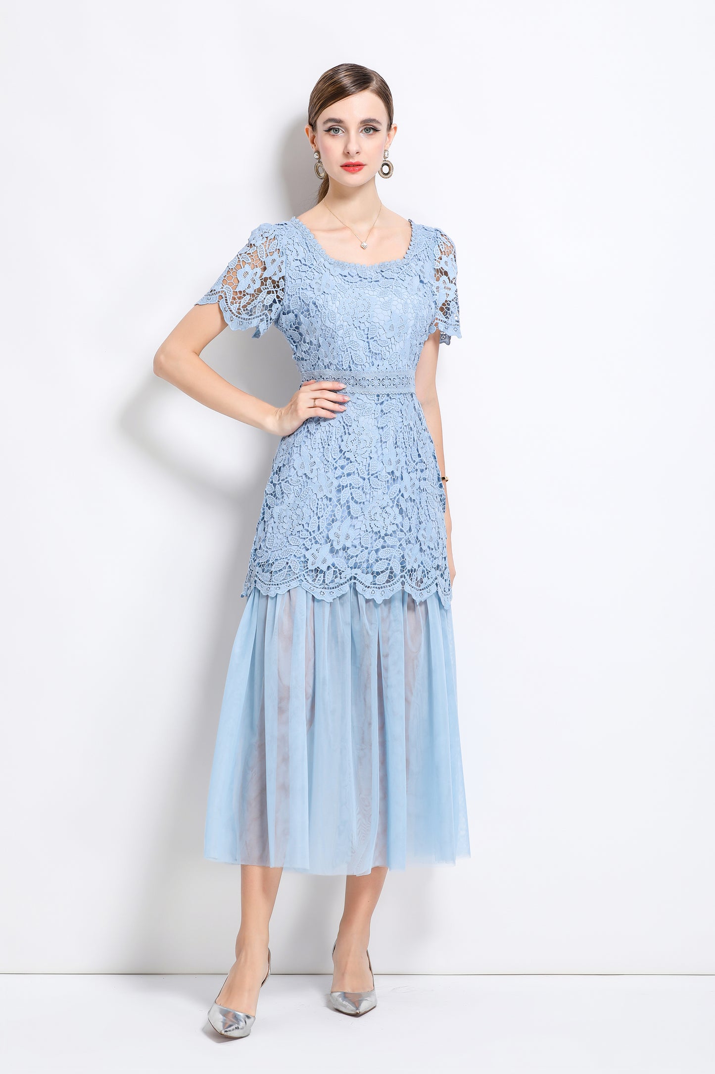 Elegant Feminine Blue Square Collar Lace&Mesh Midi Dress