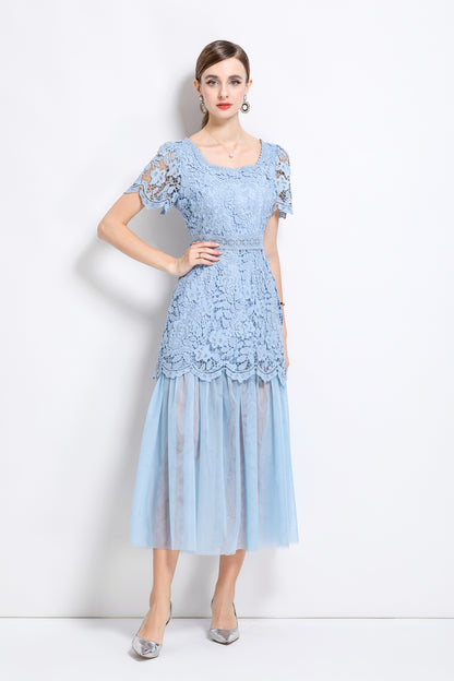 Elegant Feminine Blue Square Collar Lace&Mesh Midi Dress