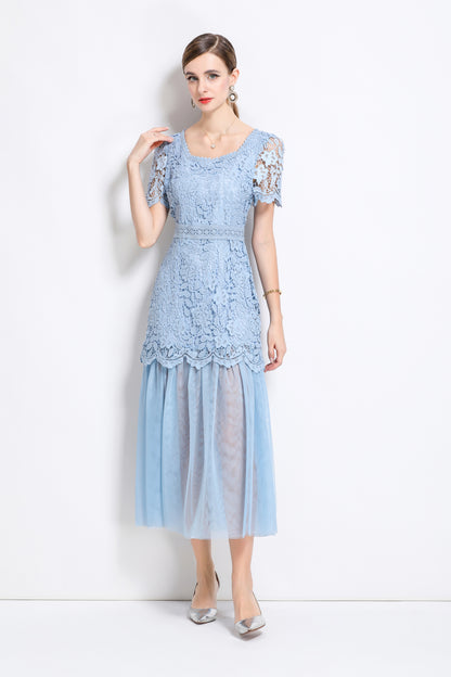 Elegant Feminine Blue Square Collar Lace&Mesh Midi Dress