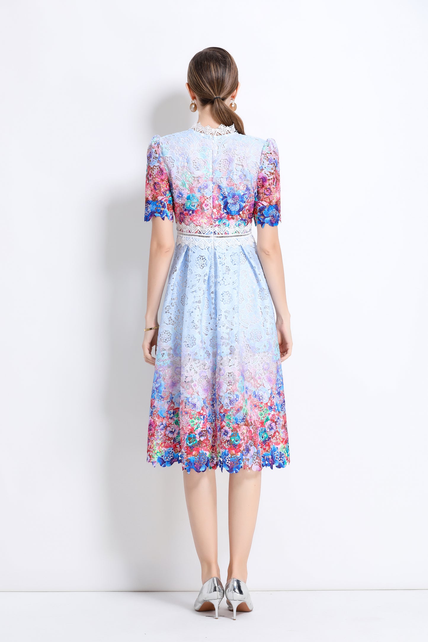 Women's Lace Floral Crochet Waist Midi Dress