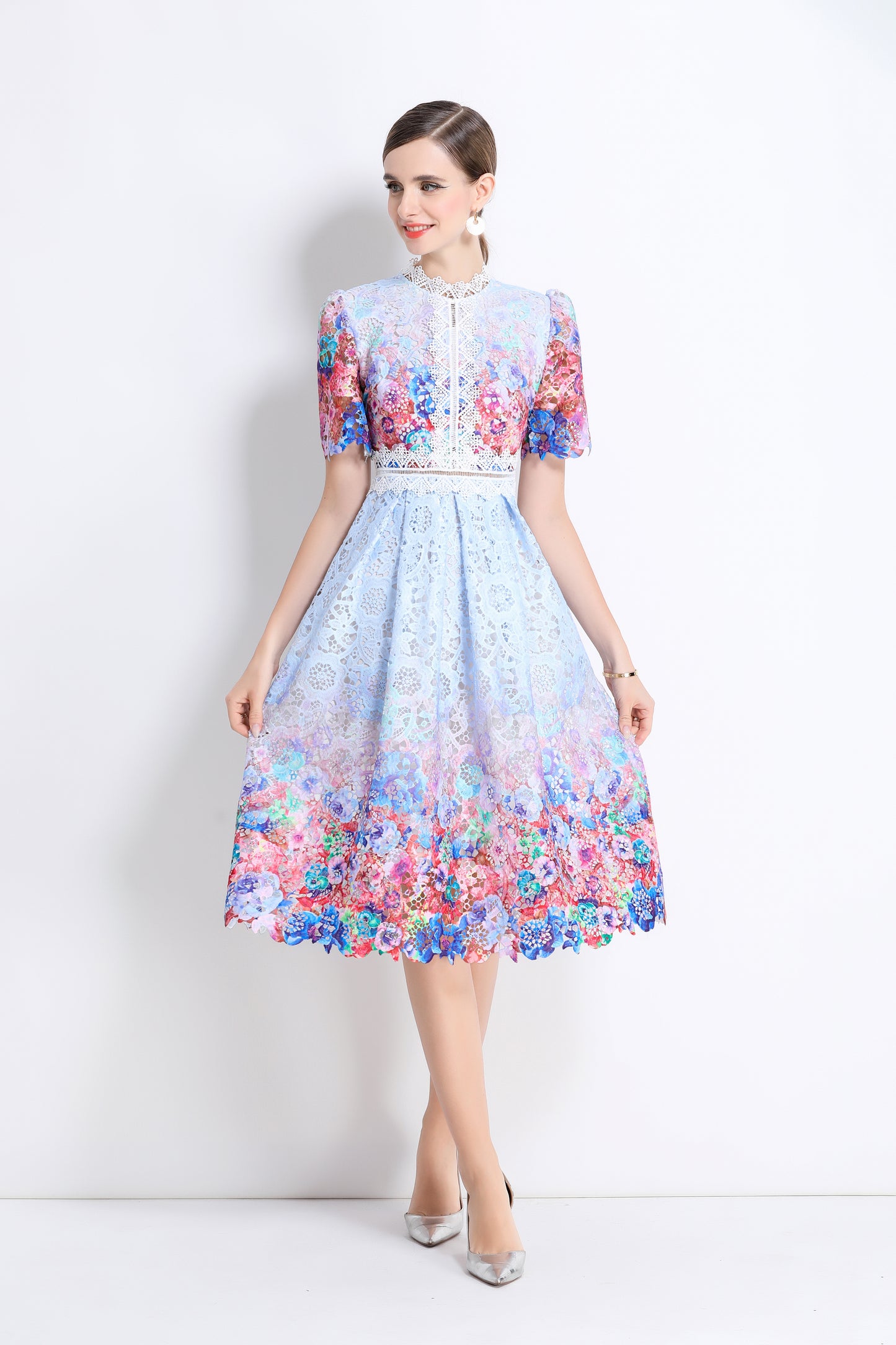 Women's Lace Floral Crochet Waist Midi Dress