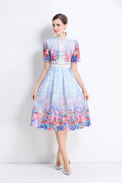 Women's Lace Floral Crochet Waist Midi Dress