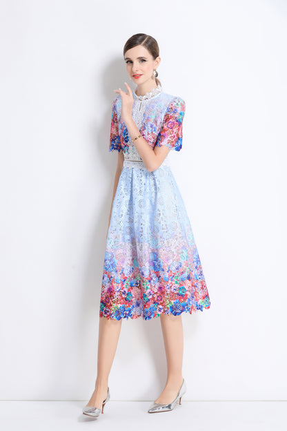 Women's Lace Floral Crochet Waist Midi Dress