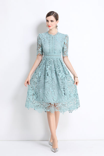 Women's Lace Floral Crochet Waist Midi Dress