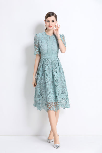 Women's Lace Floral Crochet Waist Midi Dress
