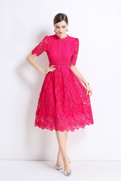 Women's Lace Floral Crochet Waist Midi Dress