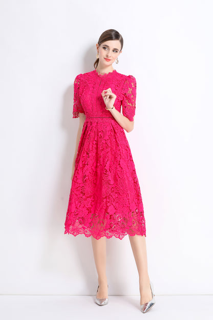 Women's Lace Floral Crochet Waist Midi Dress
