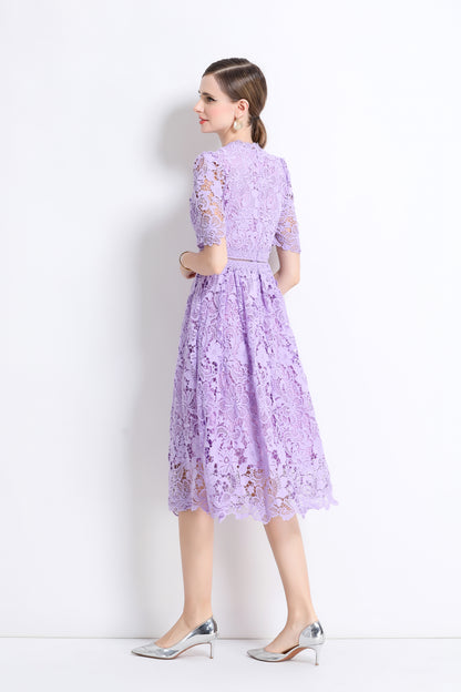 Women's Lace Floral Crochet Waist Midi Dress