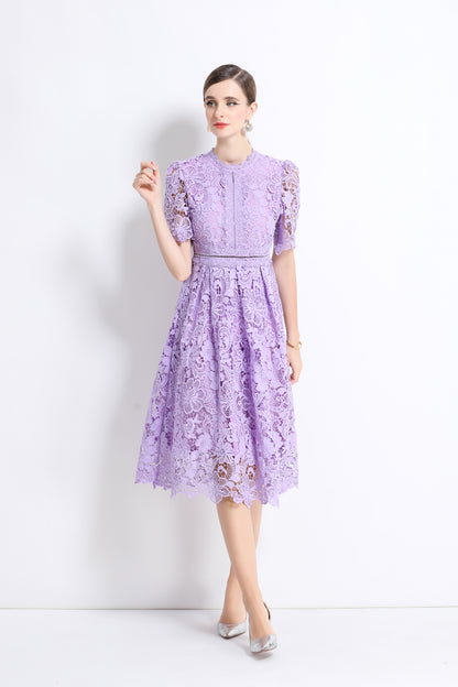 Women's Lace Floral Crochet Waist Midi Dress