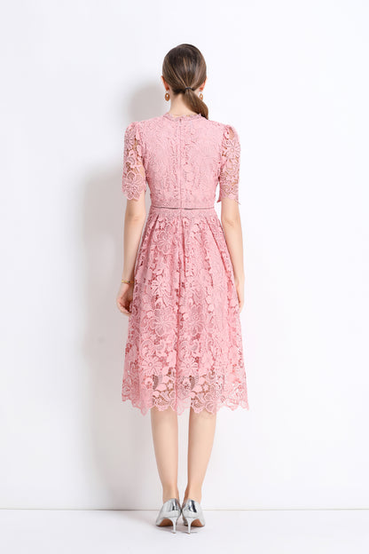 Women's Lace Floral Crochet Waist Midi Dress