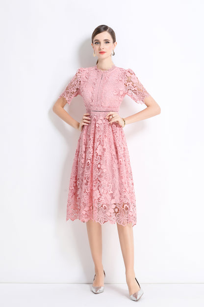 Women's Lace Floral Crochet Waist Midi Dress