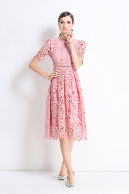 Women's Lace Floral Crochet Waist Midi Dress