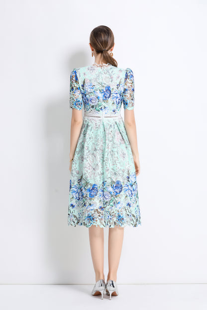 Women's Lace Floral Crochet Waist Midi Dress