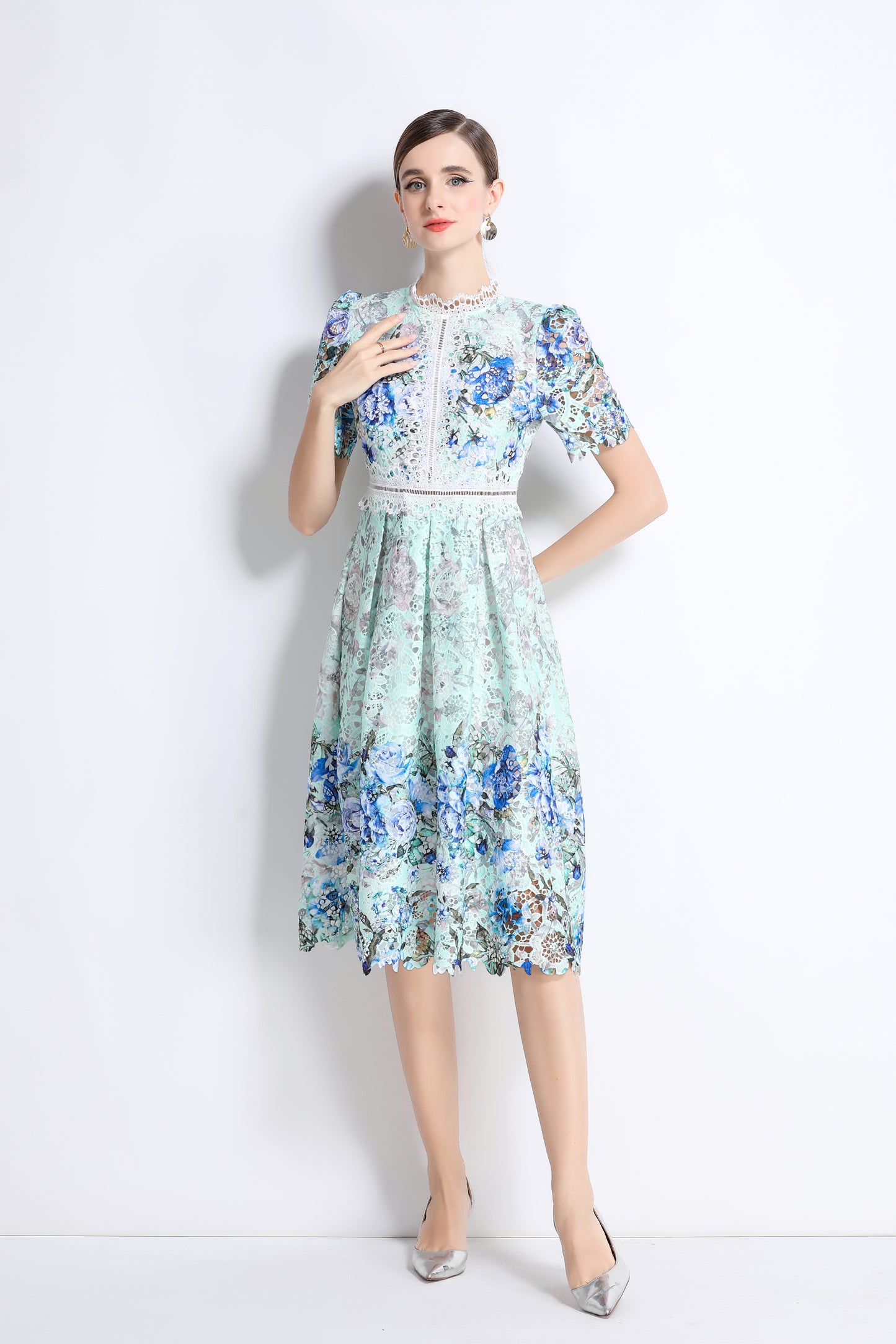 Women's Lace Floral Crochet Waist Midi Dress