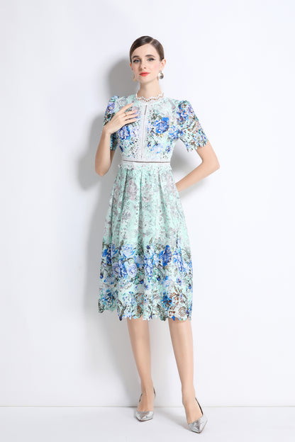 Women's Lace Floral Crochet Waist Midi Dress