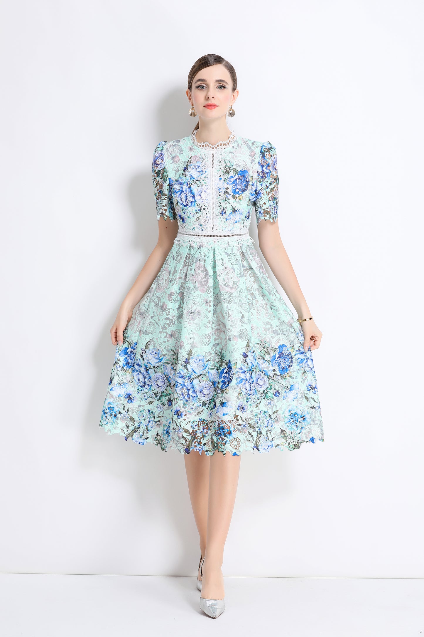 Women's Lace Floral Crochet Waist Midi Dress