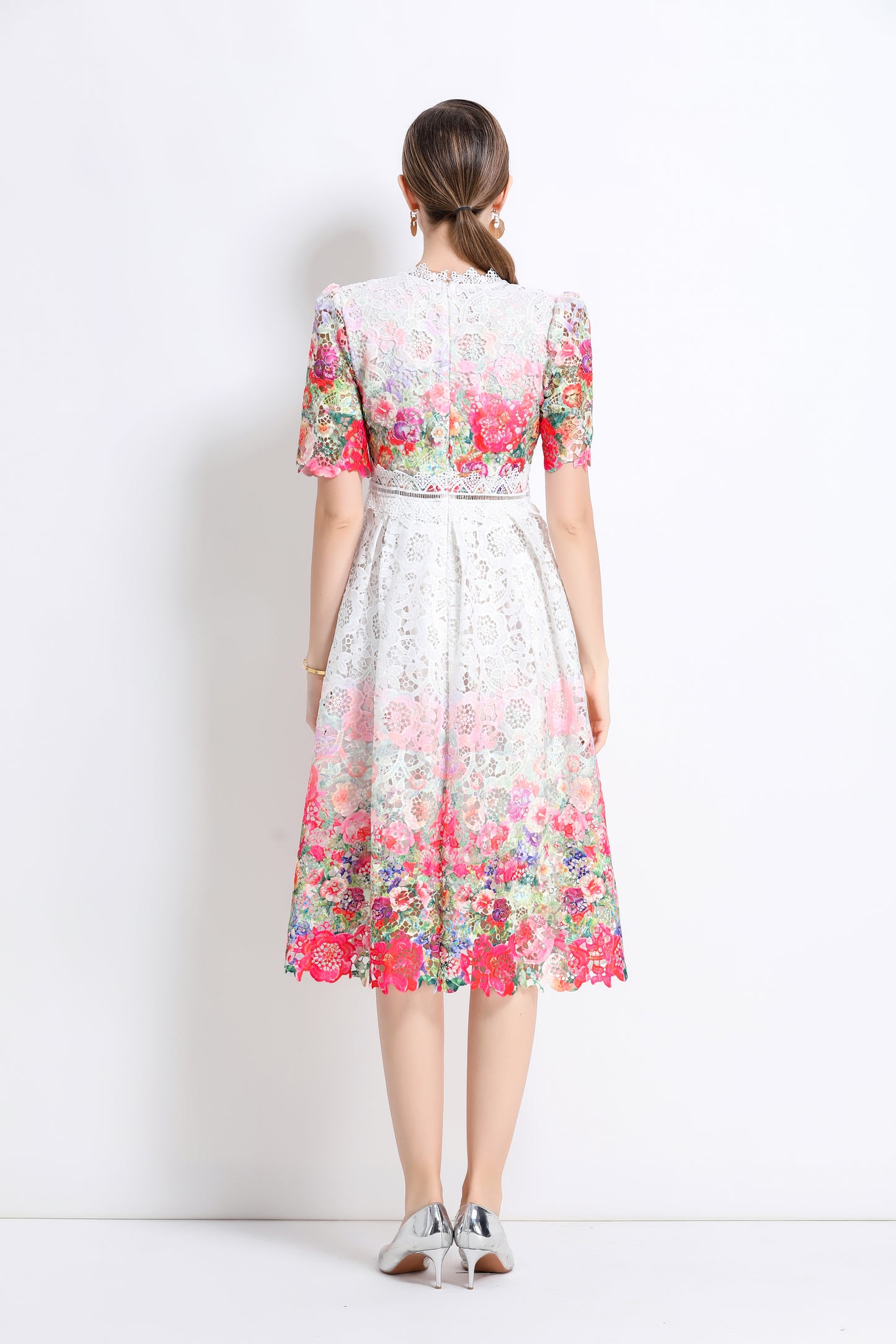 Women's Lace Floral Crochet Waist Midi Dress