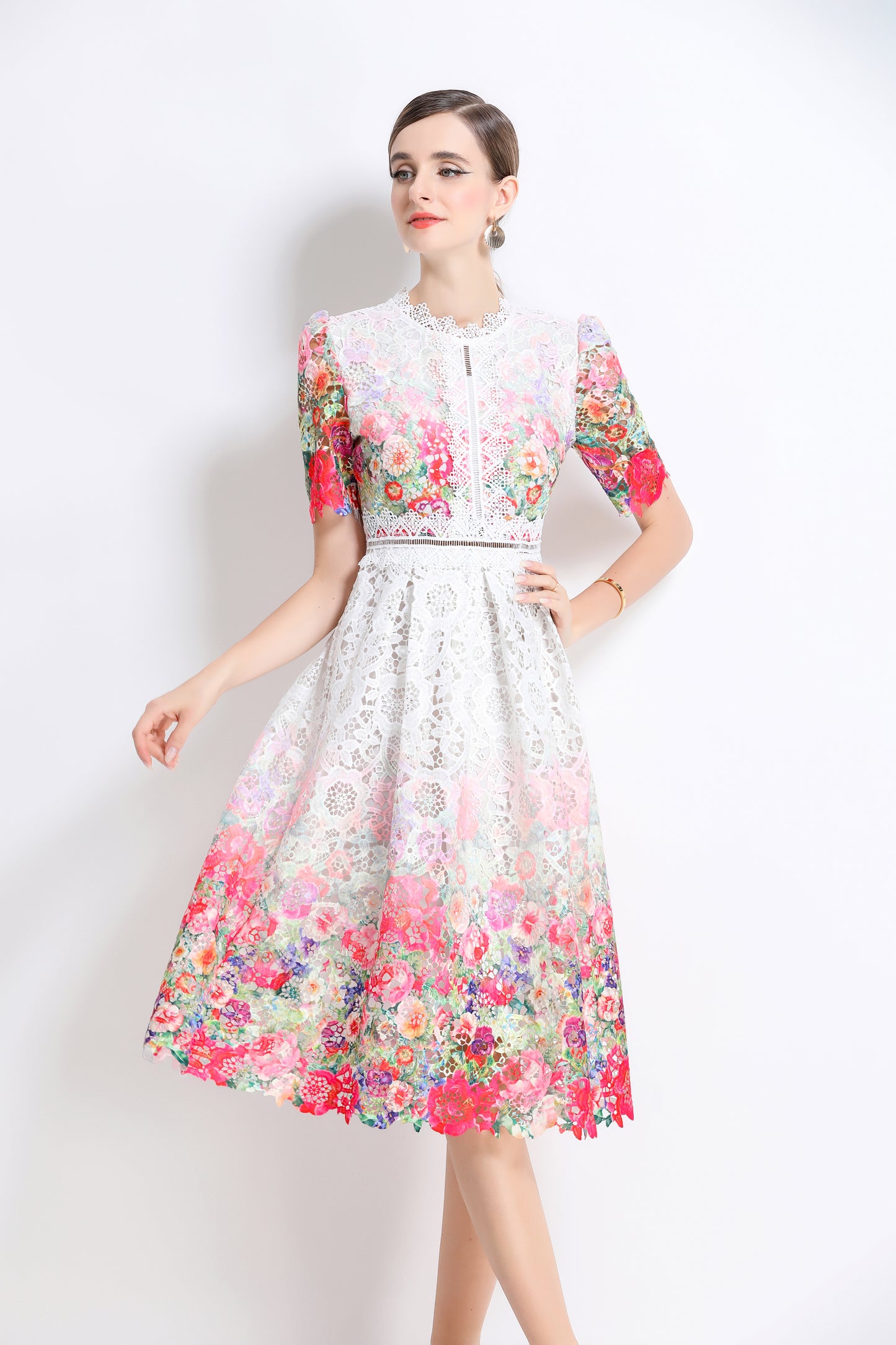 Women's Lace Floral Crochet Waist Midi Dress