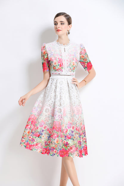 Women's Lace Floral Crochet Waist Midi Dress