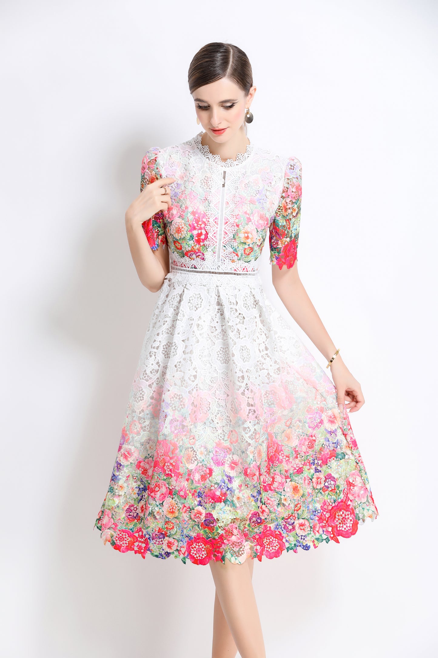 Women's Lace Floral Crochet Waist Midi Dress