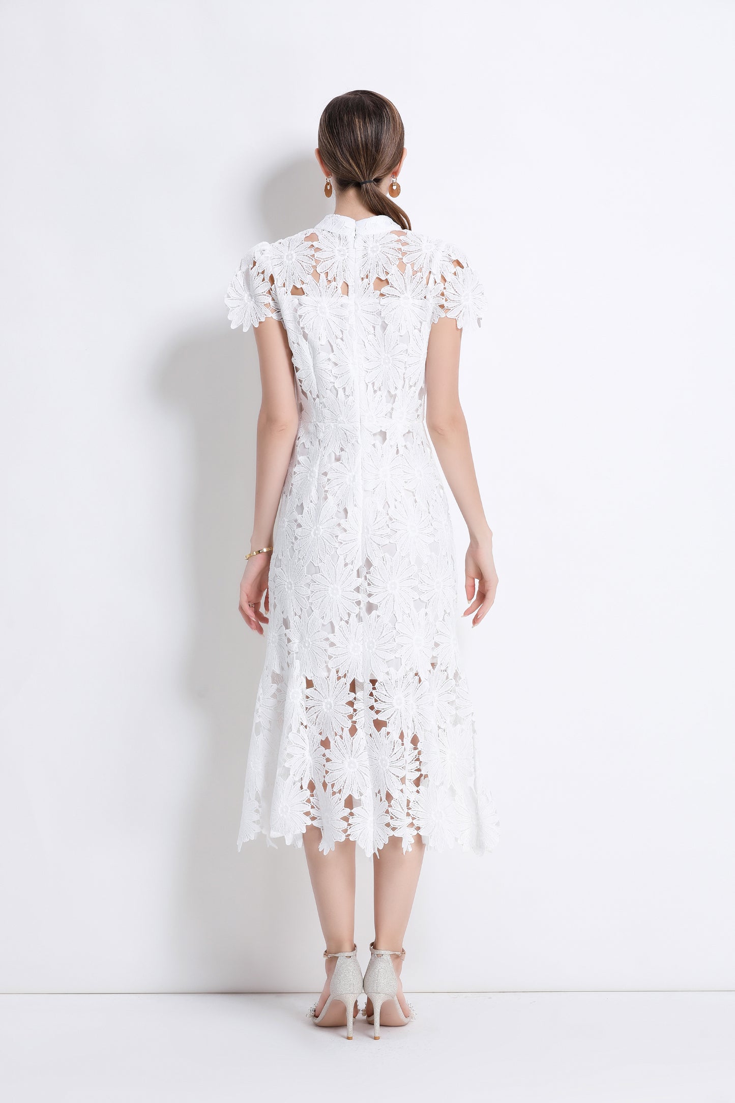 Women Hollow Out Lace Floral Fishtail Midi Dress