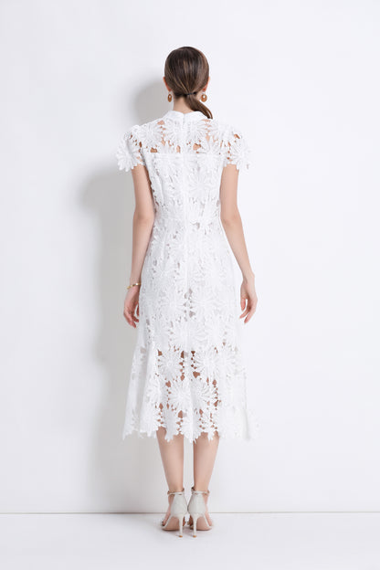 Women Hollow Out Lace Floral Fishtail Midi Dress