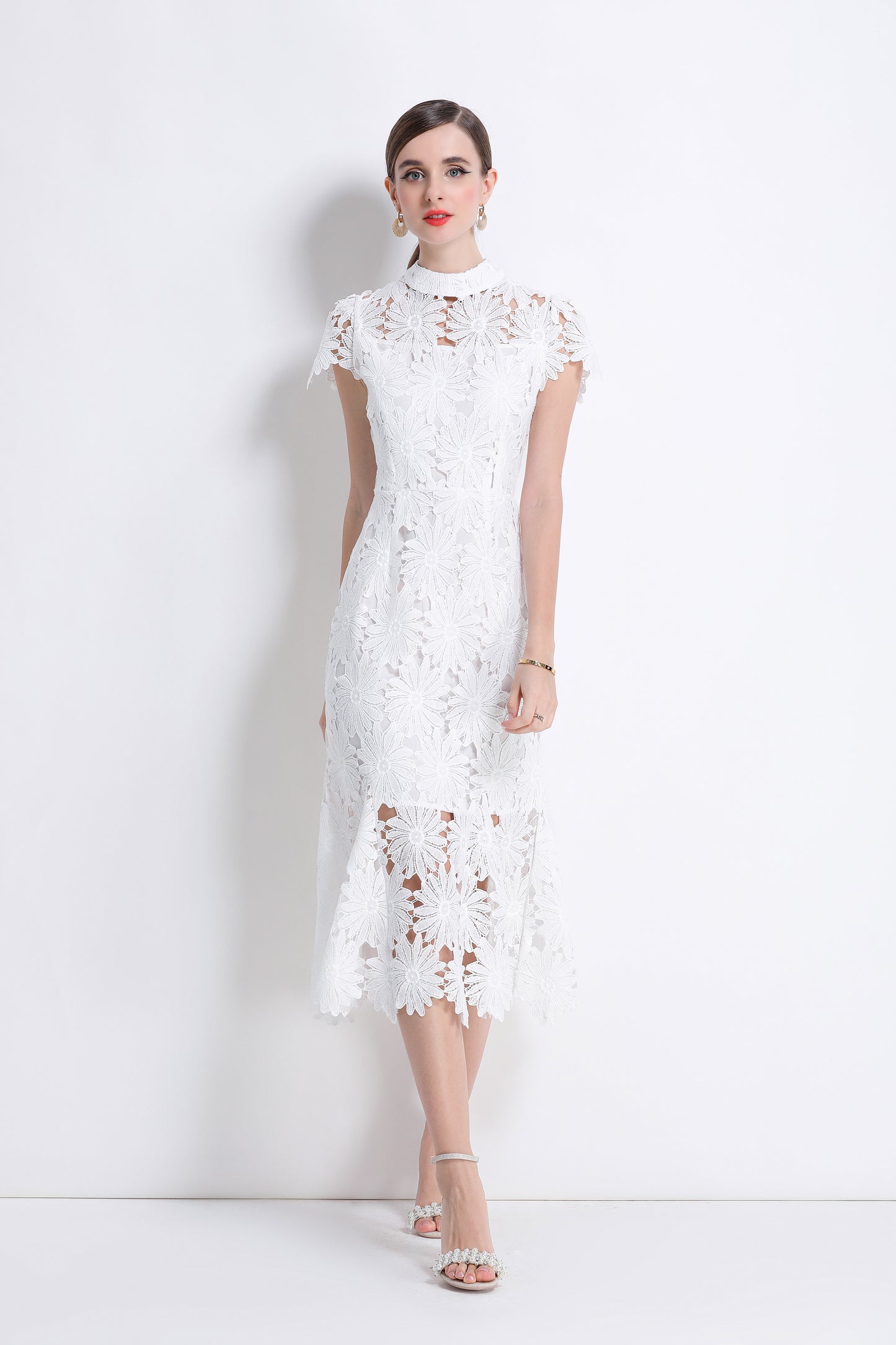 Women Hollow Out Lace Floral Fishtail Midi Dress
