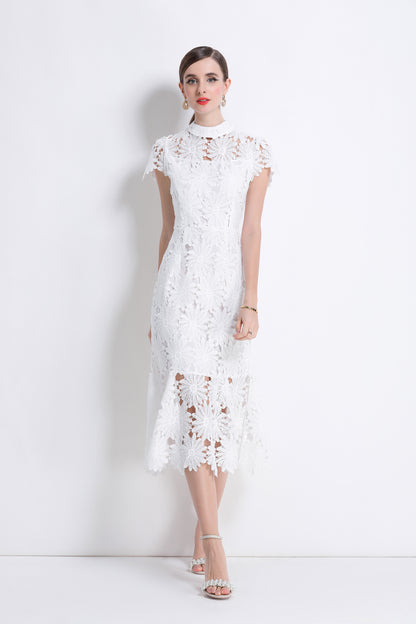 Women Hollow Out Lace Floral Fishtail Midi Dress
