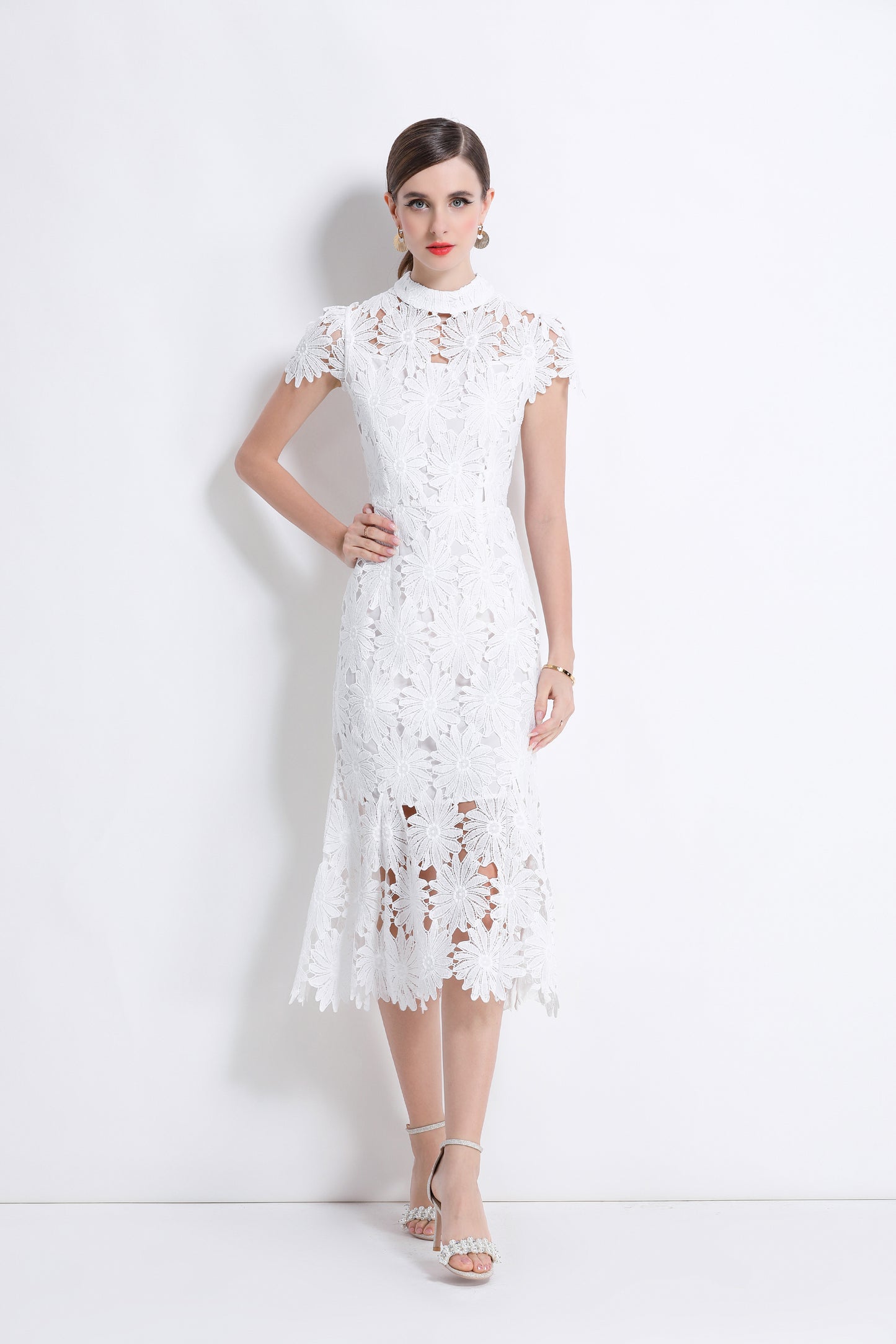Women Hollow Out Lace Floral Fishtail Midi Dress