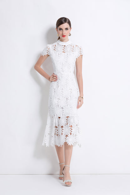 Women Hollow Out Lace Floral Fishtail Midi Dress