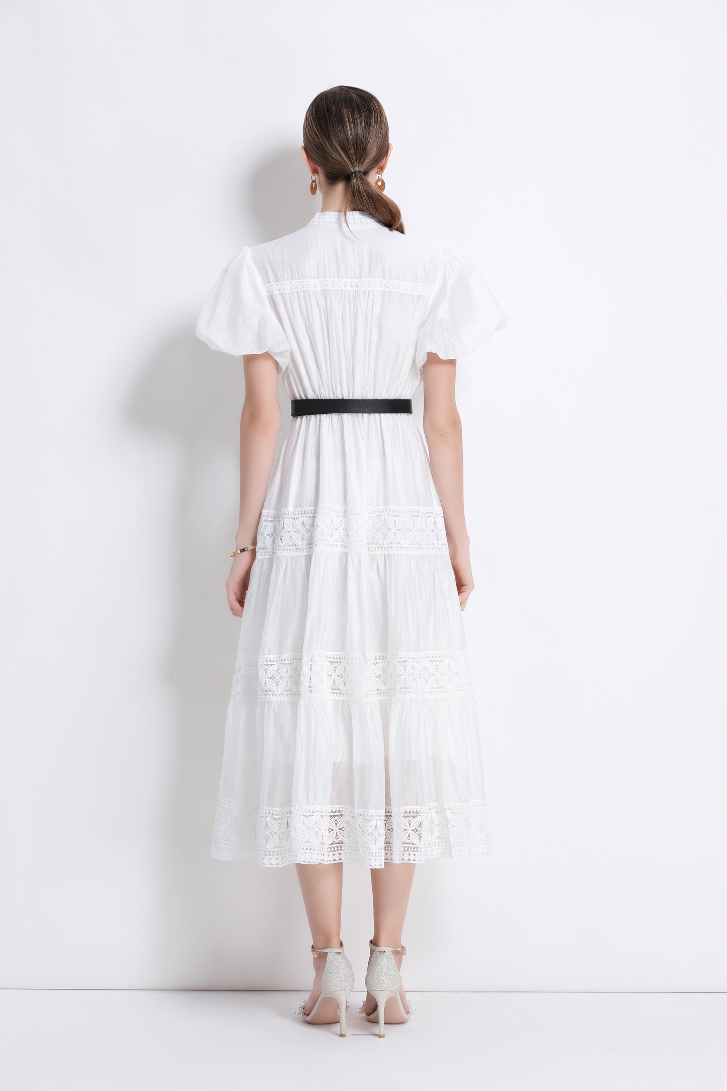 Women's Puff Sleeve Button Lace Midi Dress