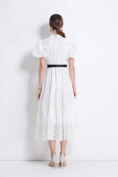 Women's Puff Sleeve Button Lace Midi Dress