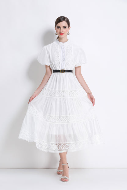 Women's Puff Sleeve Button Lace Midi Dress