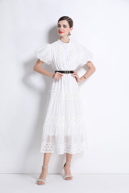 Women's Puff Sleeve Button Lace Midi Dress