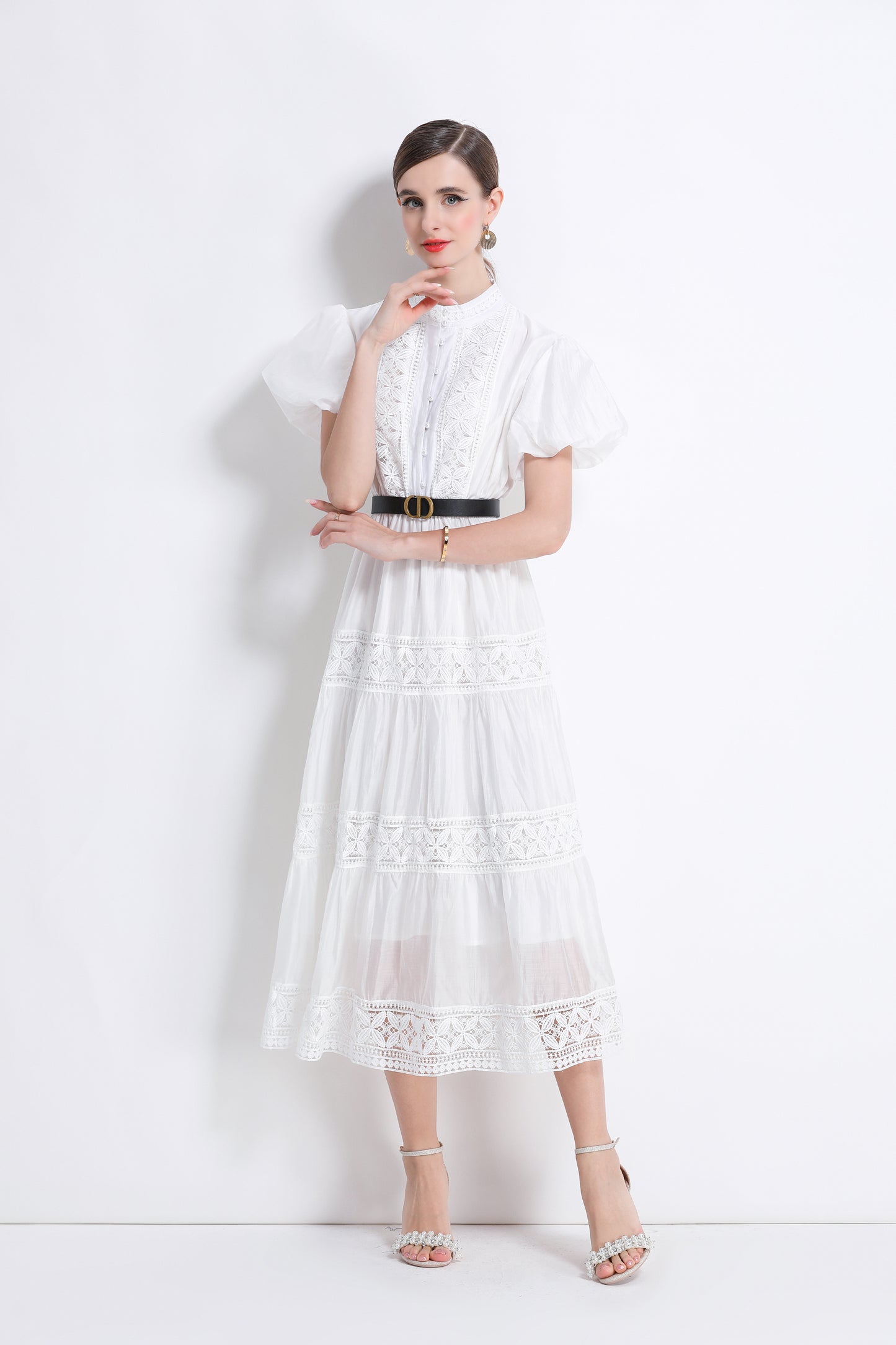 Women's Puff Sleeve Button Lace Midi Dress