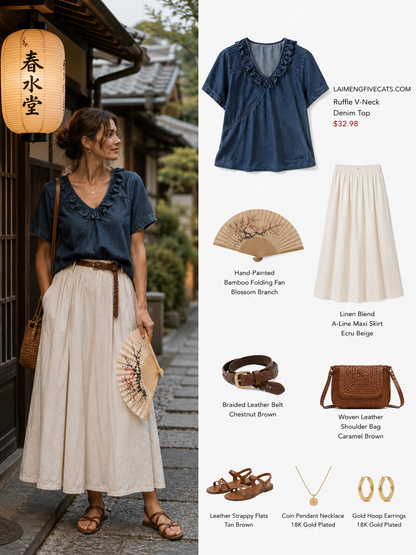 Ruffle V-Neck Denim Top | Soft Feminine Everyday Style
