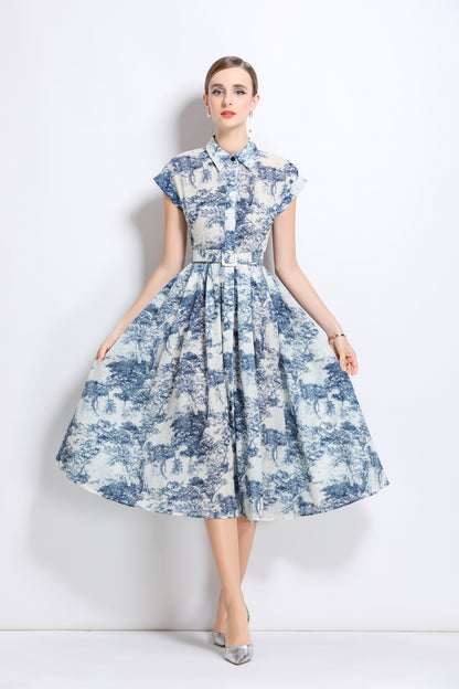 Women's Short Sleeves Collar Printed Buttons Midi Dress
