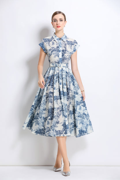 Women's Short Sleeves Collar Printed Buttons Midi Dress