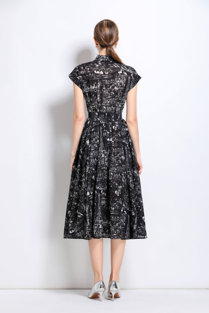 Women's Short Sleeves Collar Printed Buttons Midi Dress